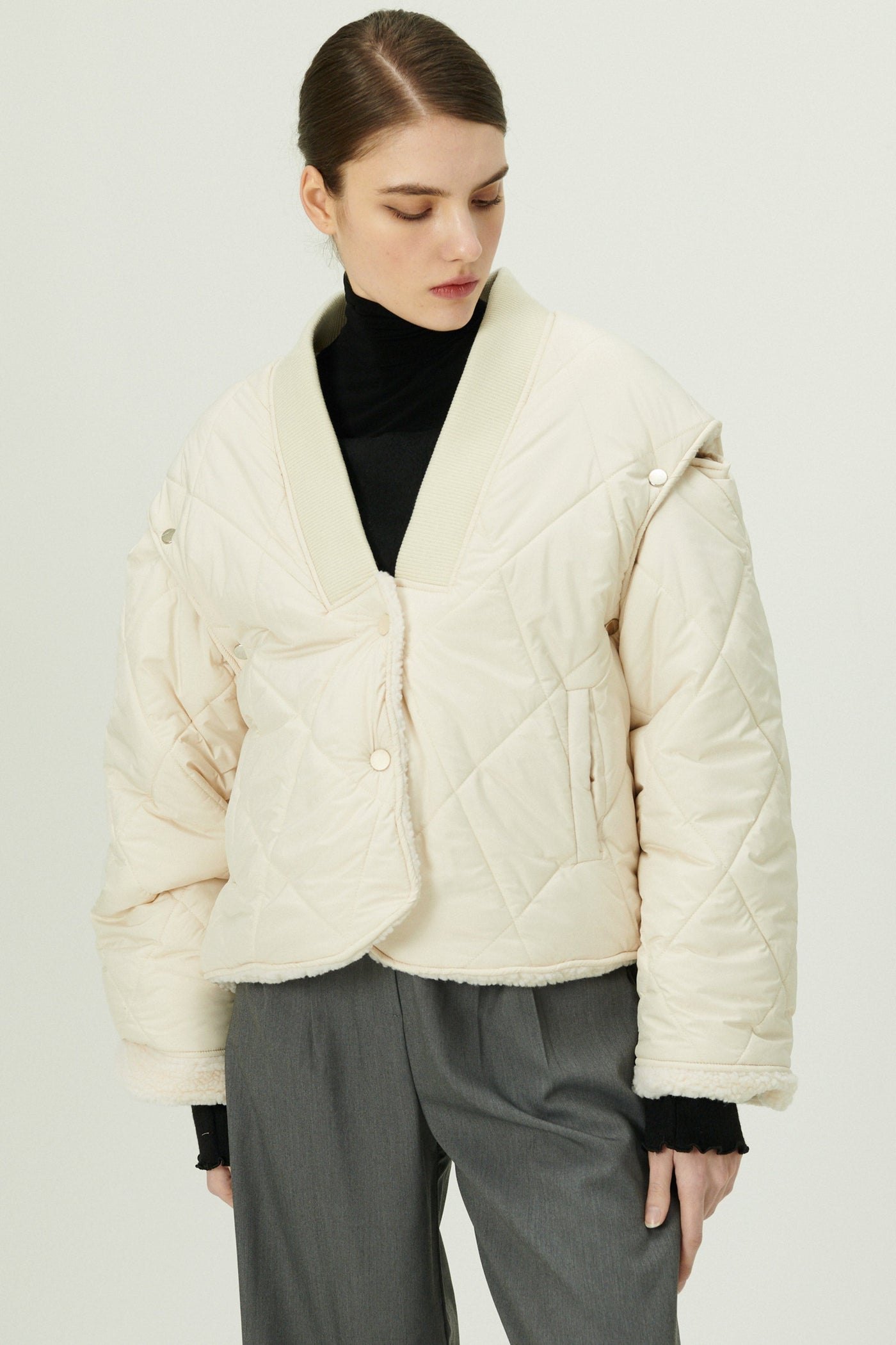 storets.com Eileen Quilted Sherpa Coat w/Detachable Sleeve