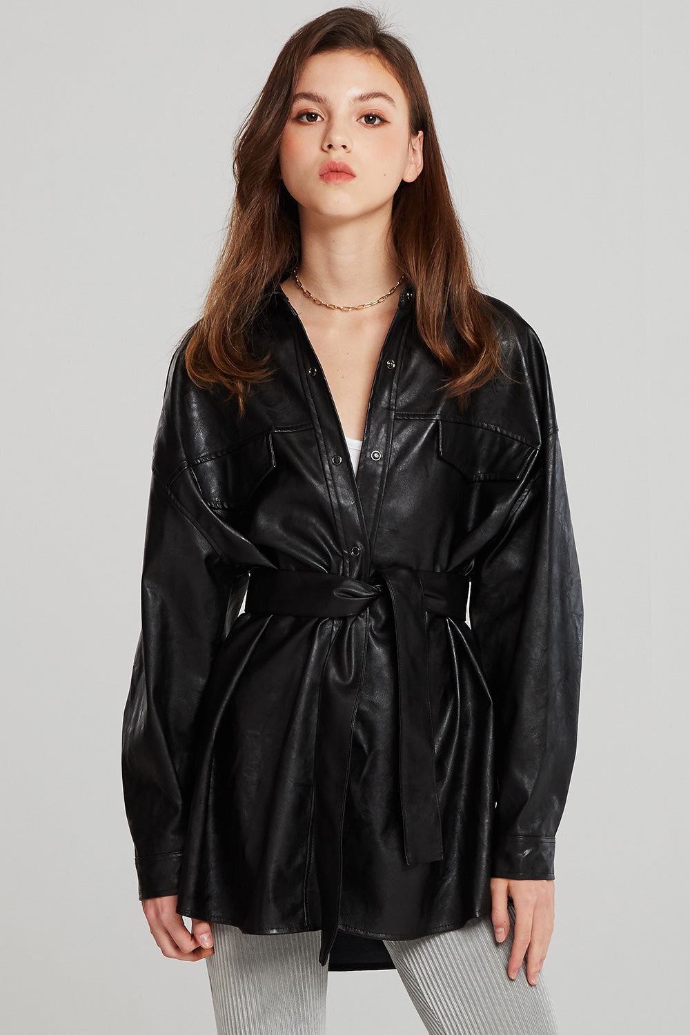 storets.com Louise Oversized Pleather Shirt w/Belt