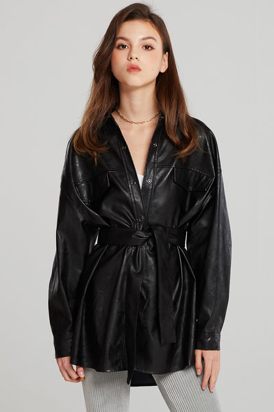 storets.com Louise Oversized Pleather Shirt w/Belt
