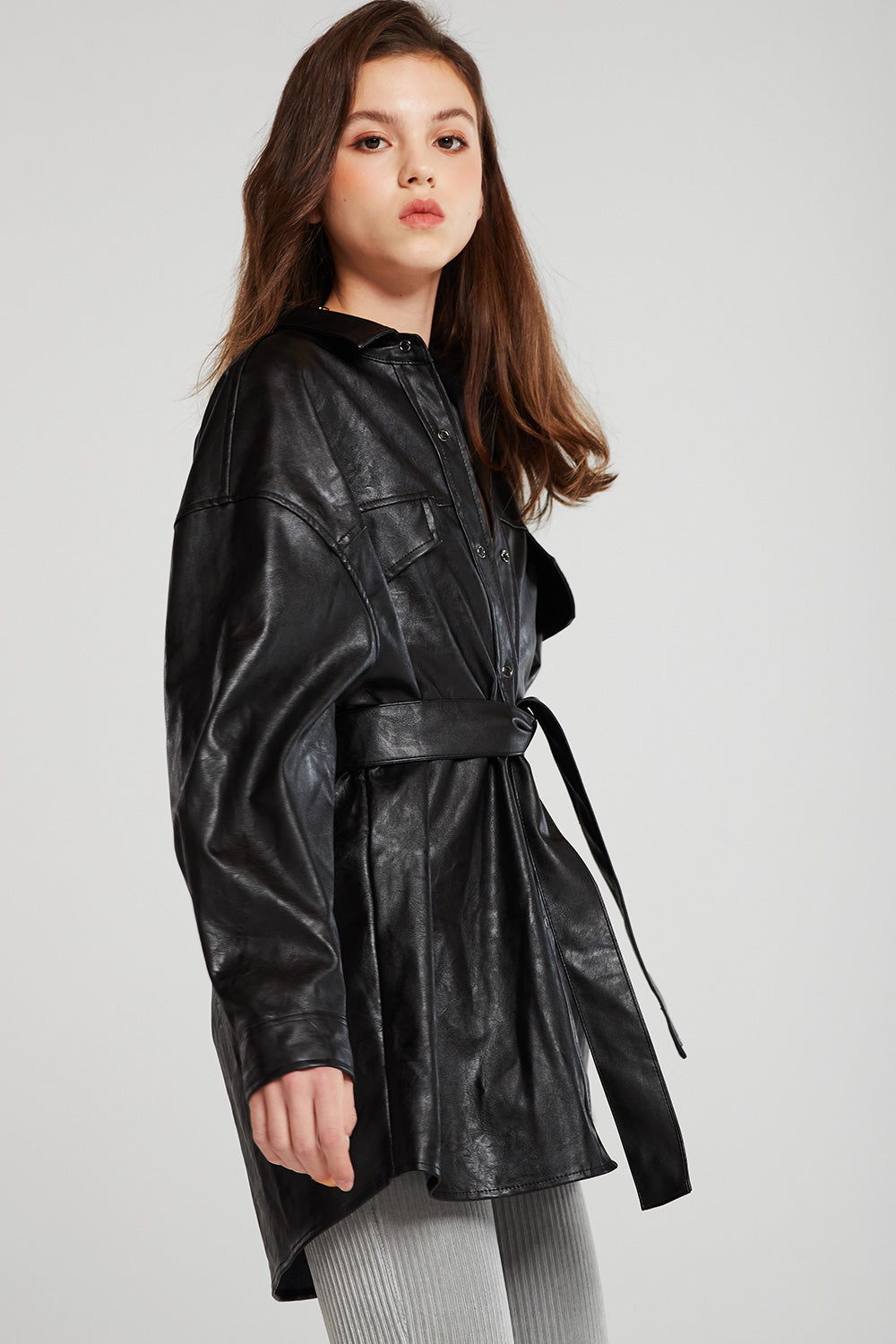 storets.com Louise Oversized Pleather Shirt w/Belt