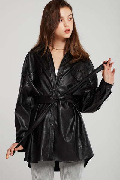storets.com Louise Oversized Pleather Shirt w/Belt