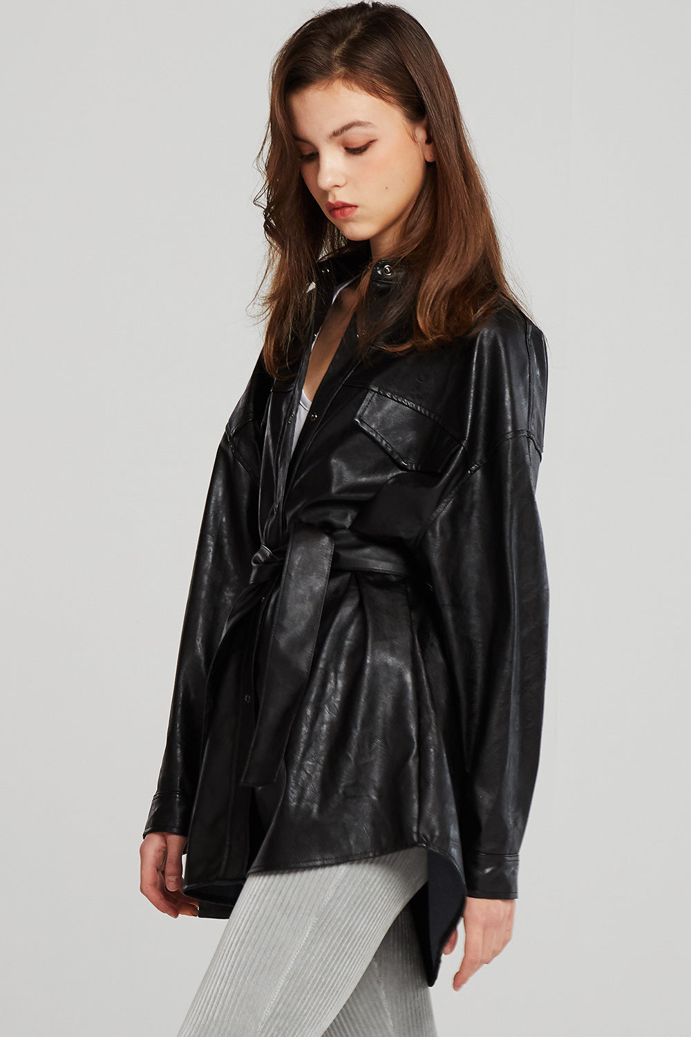 storets.com Louise Oversized Pleather Shirt w/Belt