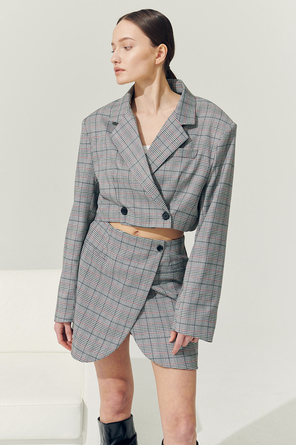 storets.com Re:born Eva Tulip Wrap Mini Plaid Skirt