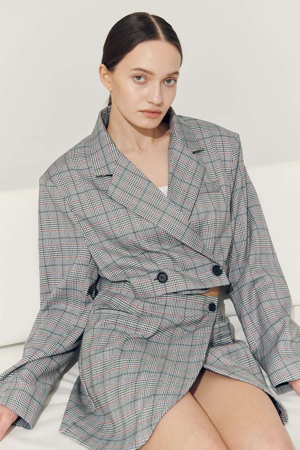 storets.com Re:born Eva Tulip Wrap Mini Plaid Skirt