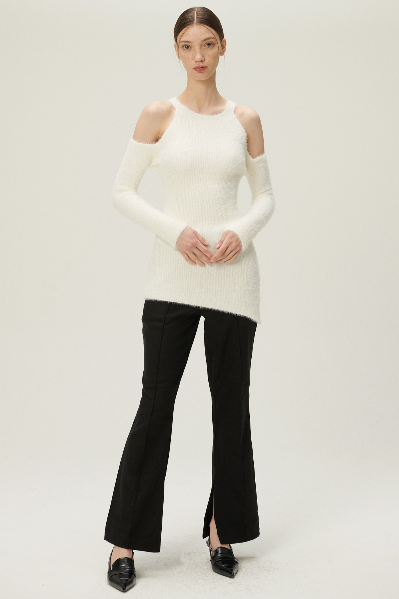 storets.com Leyla Cold Shoulder Fuzzy Sweater