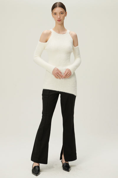 storets.com Leyla Cold Shoulder Fuzzy Sweater