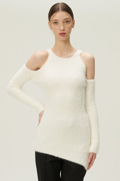 storets.com Leyla Cold Shoulder Fuzzy Sweater