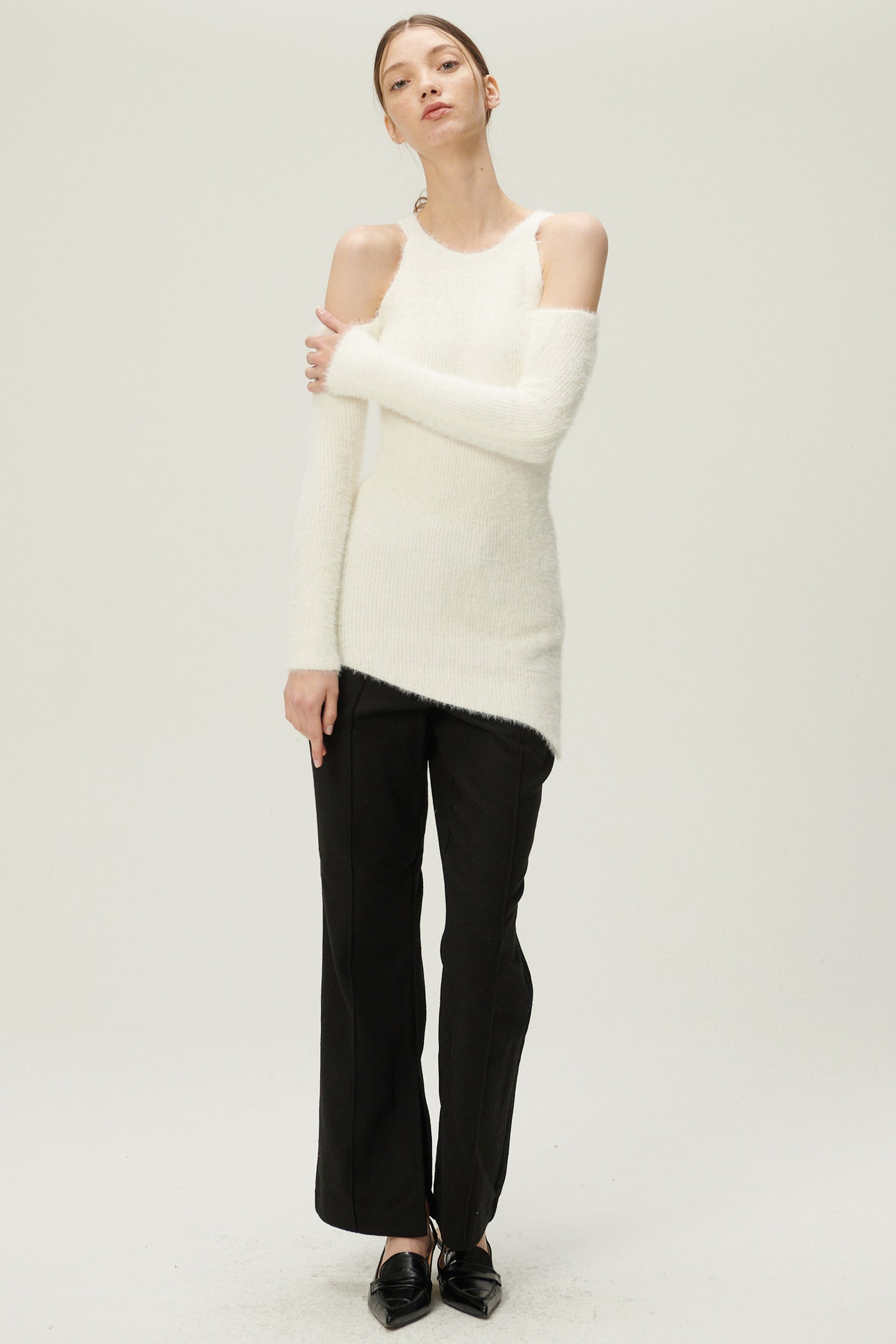 storets.com Leyla Cold Shoulder Fuzzy Sweater