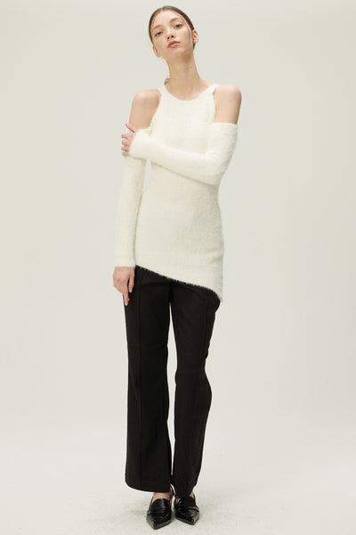 storets.com Leyla Cold Shoulder Fuzzy Sweater