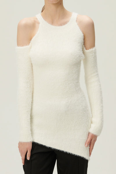 storets.com Leyla Cold Shoulder Fuzzy Sweater