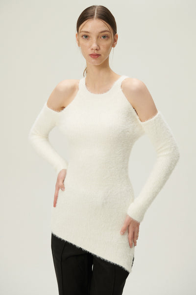 storets.com Leyla Cold Shoulder Fuzzy Sweater