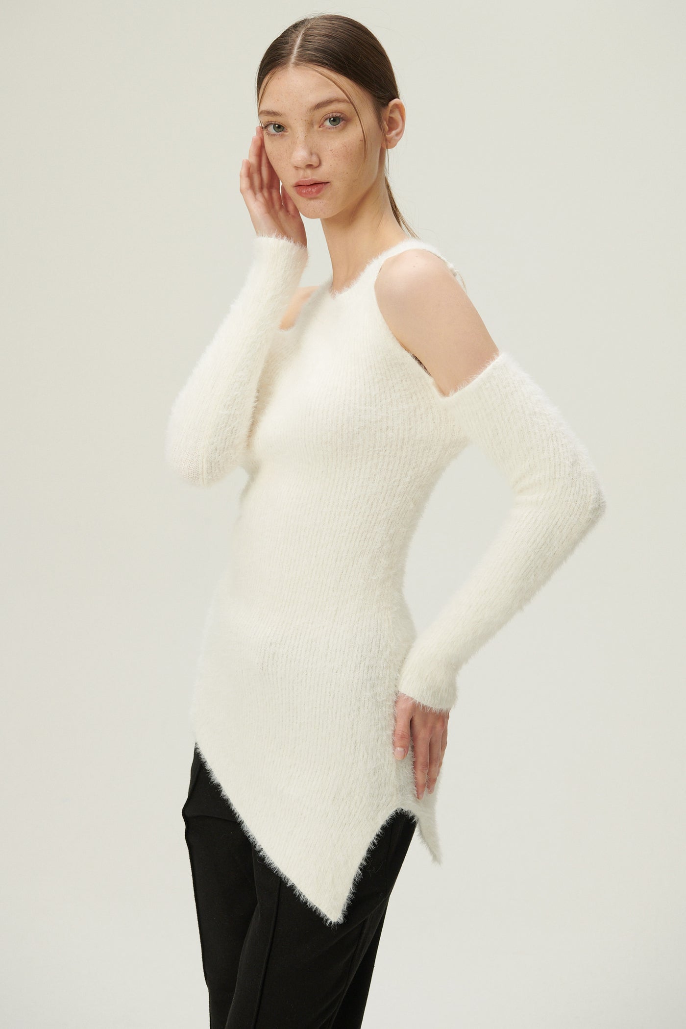 storets.com Leyla Cold Shoulder Fuzzy Sweater