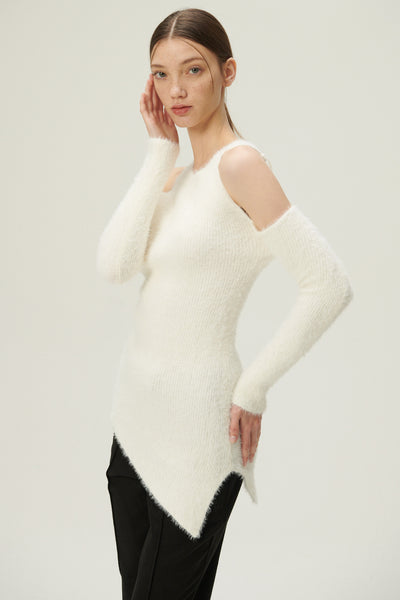 storets.com Leyla Cold Shoulder Fuzzy Sweater