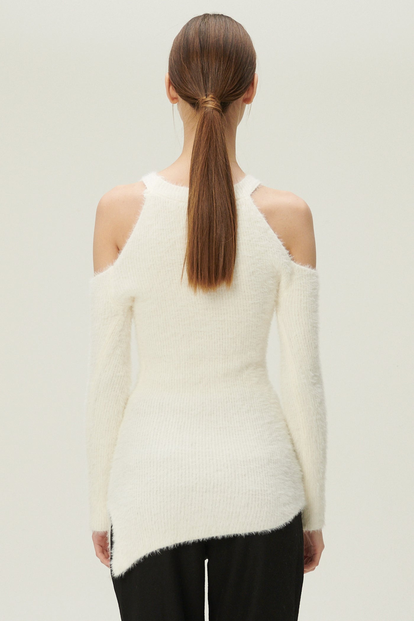 storets.com Leyla Cold Shoulder Fuzzy Sweater