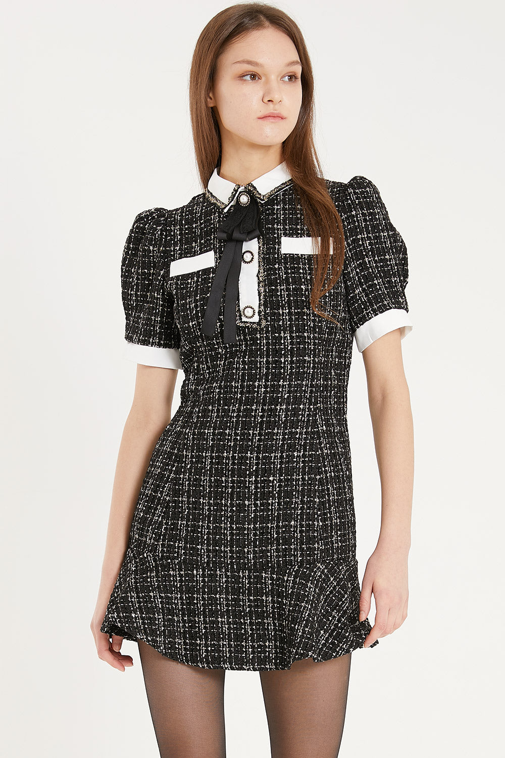 storets.com Lourdes Tweed Trumpet Mini Dress