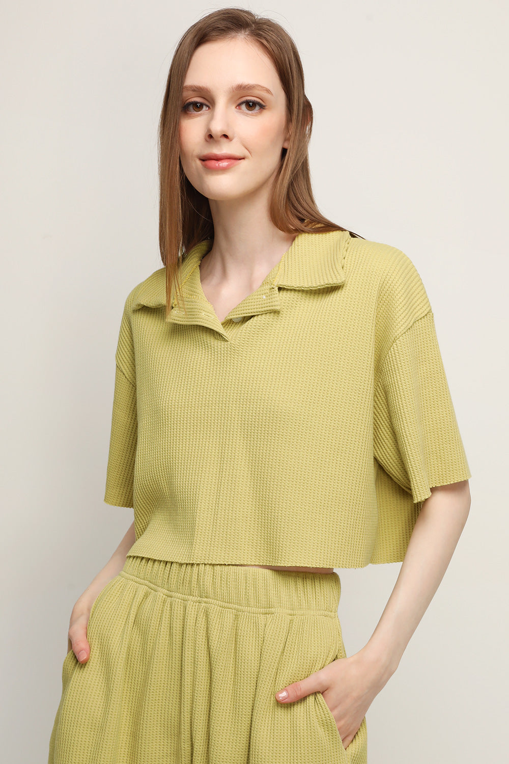 storets.com Lucy Waffle Half Button Crop Top